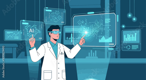 Futuristic scientist interacting with digital interfaces in advanced research lab exploration