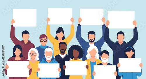 Diverse group of people holding blank signs in unity.