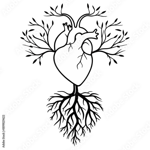 A detailed vector illustration of a human heart with branching blood vessels