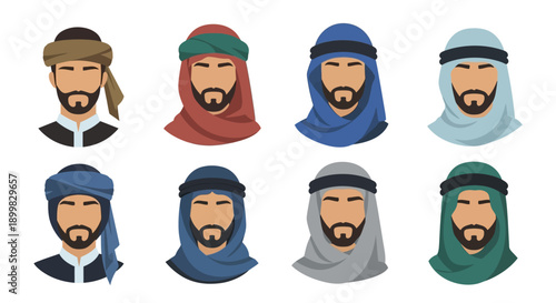 Diverse illustrations of men wearing traditional headscarves and robes.