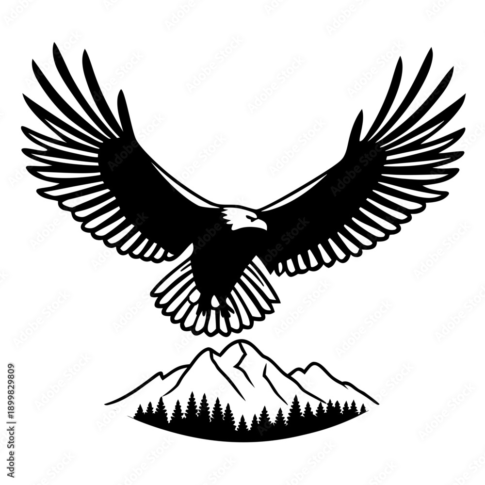 Fototapeta premium A black and white vector graphic of an eagle flying over mountains