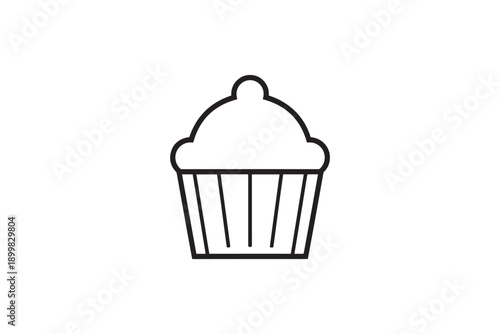 Outline of cupcake isolated on white background, black and white line art drawing of sweet baked dessert with frosting