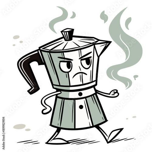 A cartoon espresso maker with an angry face and steam coming out