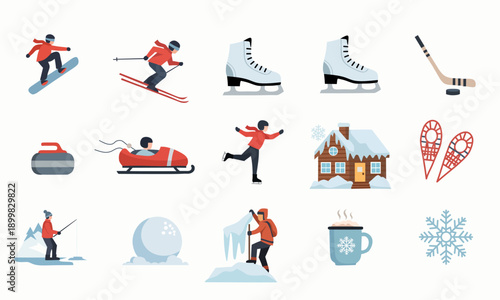 Winter Sports Flat Vector Icons Set