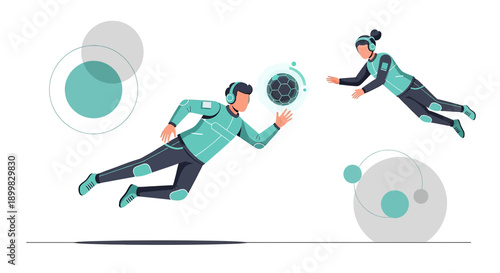 Futuristic soccer game players in a virtual reality augmented environment demonstration showcase