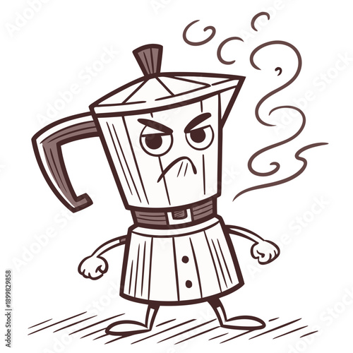 A cartoon espresso maker with an angry face and steaming hot coffee