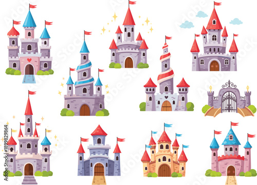 Magic fairy tale castle vector set featuring colorful royal palaces medieval fortresses and fantasy kingdom towers for childrens illustration design.