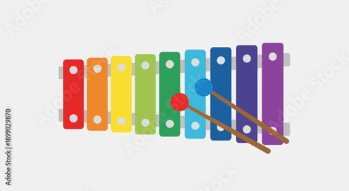 Colorful xylophone illustration with mallets and musical notes.