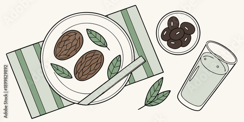 Healthy Food Illustration with Nuts, Leaves, and Refreshing Drink