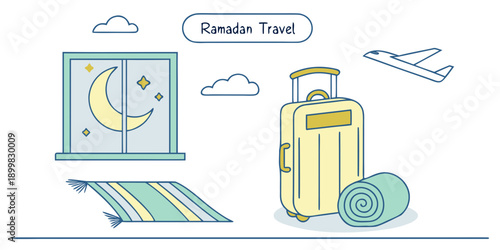 Ramadan Travel Illustration with Suitcase, Prayer Mat, and Airplane