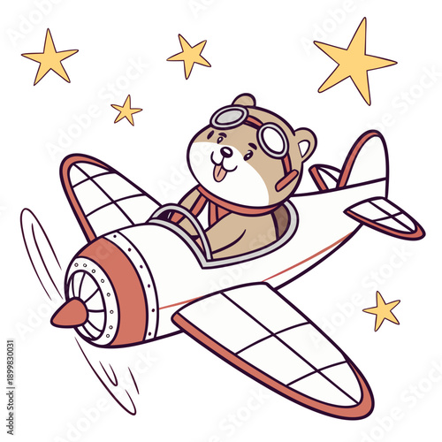 A cute cartoon hamster flying a small airplane through the stars