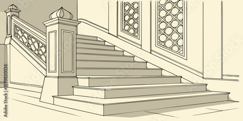 Elegant Staircase with Ornate Railing and Decorative Windows in Classic Interior Design