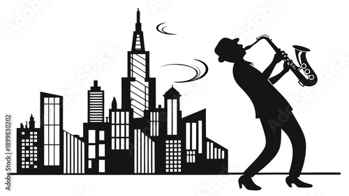 A minimalist vector illustration of a saxophonist in a cityscape