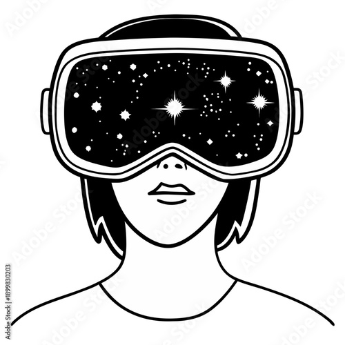 A minimalist illustration of a person wearing virtual reality goggles with a starry night sky view