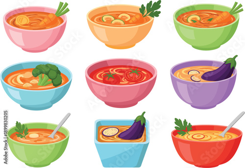 Healthy vegetable soup bowls set featuring hot carrot tomato broccoli and eggplant cream soup with fresh ingredients for organic food menu design.