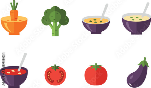 Healthy vegetable soup bowls and fresh ingredients set featuring hot carrot tomato broccoli and eggplant for organic food menu.
