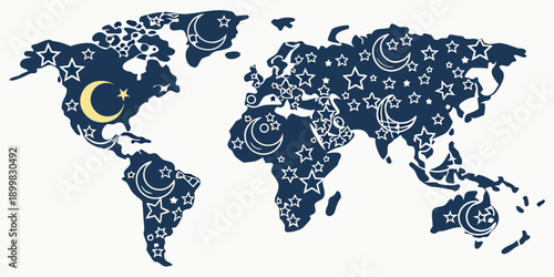 A decorative world map with celestial patterns, stars, and crescent moons on a dark blue background