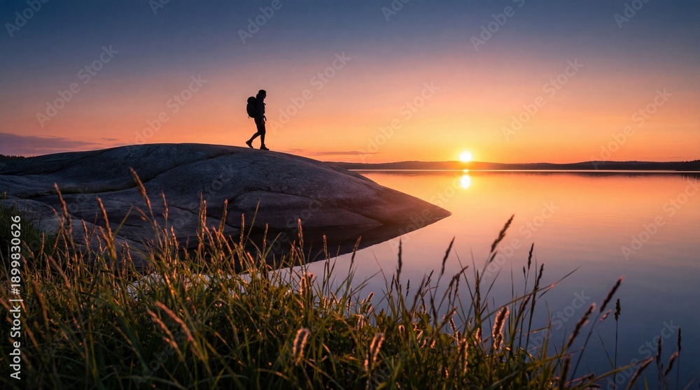 Obraz premium Silhouetted Hiker Golden Hour Wilderness