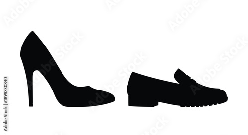 A pair of shoes a high heel and a loafer in black silhouette