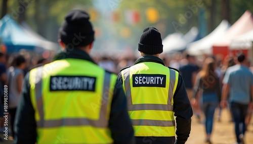 Two security guards in high visibility vests observe festival crowds. They ensure public safety at an outdoor event. Their presence provides protection and order.