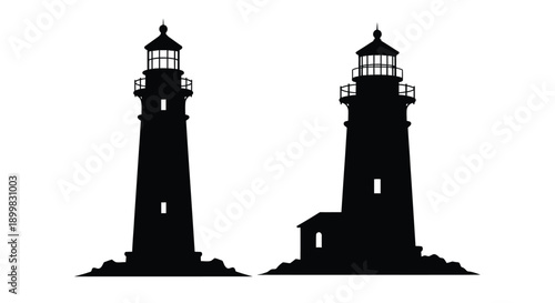Two dark lighthouses stand against a white background silhouette