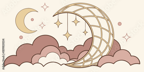 Whimsical Moonlit Night with Golden Crescent, Clouds, and Stars Shining Brightly