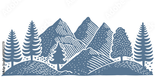 Linocut black and white linocut landscape of mountains and pine trees.