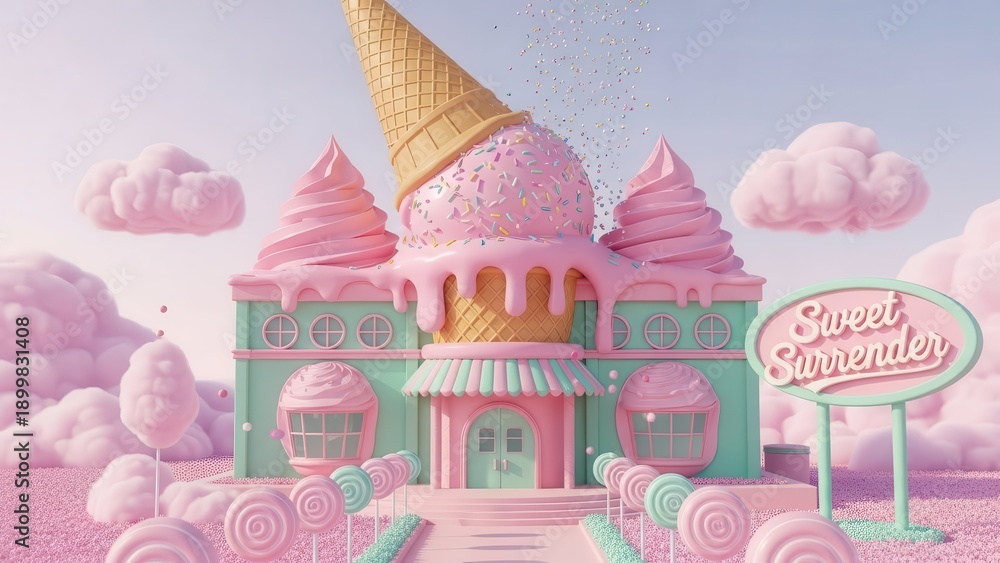Fototapeta premium Whimsical ice cream shop building in surreal pastel dream landscape