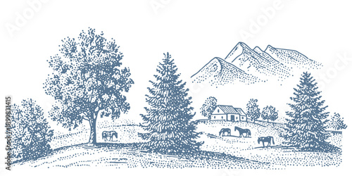 Vintage rural landscape with horses grazing near a farmhouse and mountains in the background.