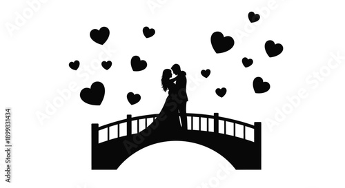 Couple embracing on a bridge surrounded by hearts a romantic silhouette