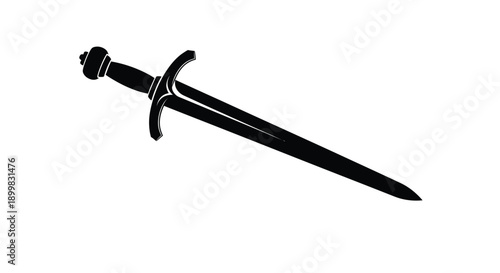 A sharp medieval sword displayed against a white background silhouette