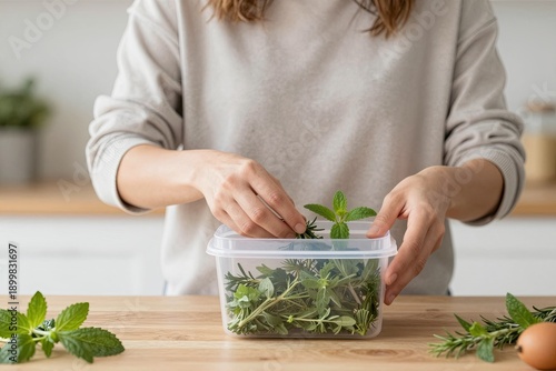A person in a kitchen working with fresh herbs in a clear container