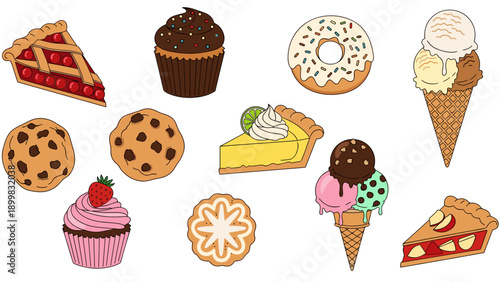 A colorful vector illustration of various sweet desserts including pies, cakes, cupcakes, donuts, and ice cream cones on a white background