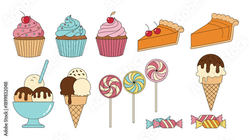A colorful vector illustration of various sweet treats including cupcakes, ice cream cones, and candies