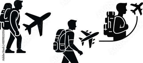 Black silhouette of traveler with backpack and airplane icon