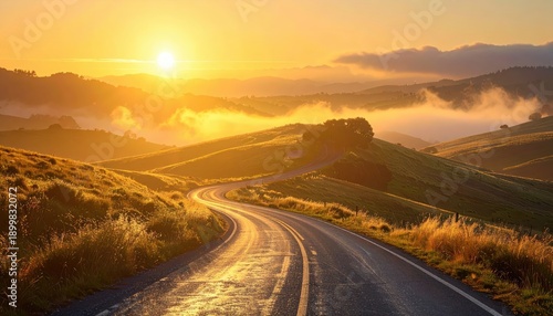 Road disappearing into foggy hills, leading lines, golden hour soft light