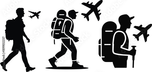 Black silhouette of traveler with backpack and airplane icon