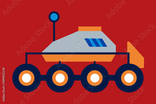 Cartoon Mars rover with six wheels on red background