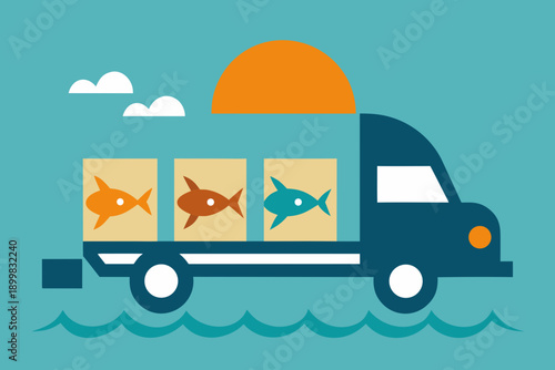 Delivery truck with fish boxes on water lorry transport