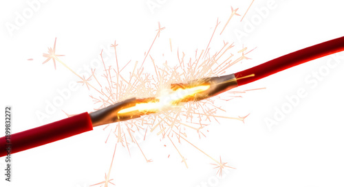 Sparkling electrical wire with broken connection and sparks flying - High quality transparent PNG with isolated electric effect on clear background for professional design projects