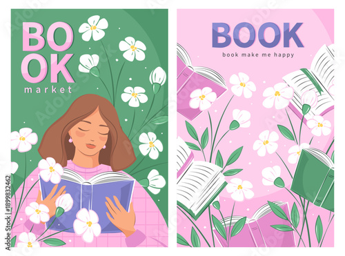 Set of posters for bookstore, library, sale in bookshop, market. Woman reading a book. Spring summer floral backgrounds. Vector illustration for banner, cover, marketing, sale.