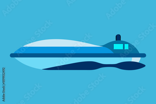 Sleek blue and white futuristic boat on blue water