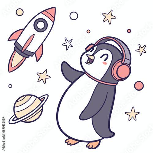 Cute Excited Emperor penguin, accessorized with wearing headphones, in a Space explorer world – Cosmic Pastels palette vector