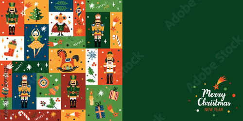 Festive banner with a cute Nutcracker. Poster. Christmas illustration. Interior poster. 

