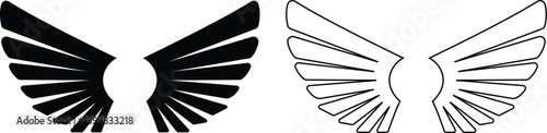 Angel wings icon set in flat and line style, bird wing symbol collection and group, black monochrome vector illustration isolated on transparent background for logo design