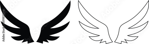 Angel wings icon set in flat and line style, bird wing symbol collection and group, black monochrome vector illustration isolated on transparent background for logo design
