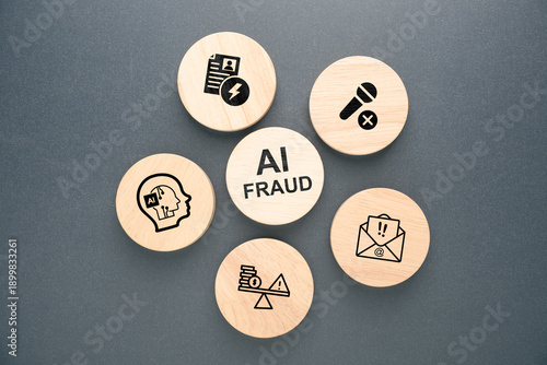 Wooden blocks with AI fraud text surrounded by icons representing different types of AI-related fraud, including misinformation, identity abuse, voice scams, and digital manipulation