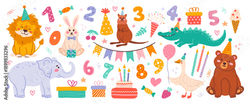 Happy birthday concept cute animal vector set. Collection of adorable wildlife, lion, rabbit, elephant, crocodile, and goose. Funny illustration for greeting card, kids, education with numbers