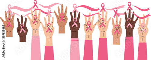 Breast cancer awareness illustration with diverse hands showing peace sign and pink ribbon support for women health campaign