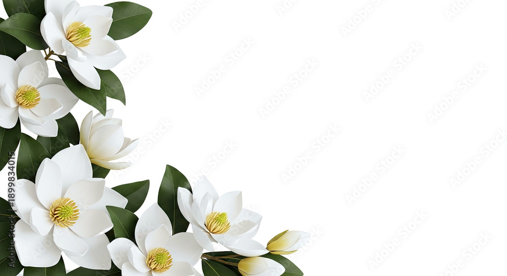 Obraz premium White Magnolia Flowers with Green Leaves Corner Border